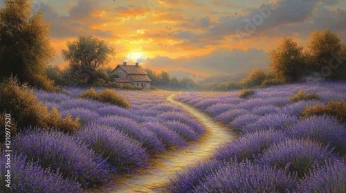 Ecommerce shopping basket filled with nature's beauty lavender fields serene landscape sunset viewpoint