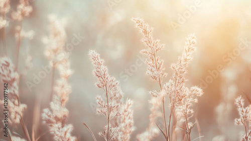 Meadow with wild flowers in the sunny summer day. Soft pastel background