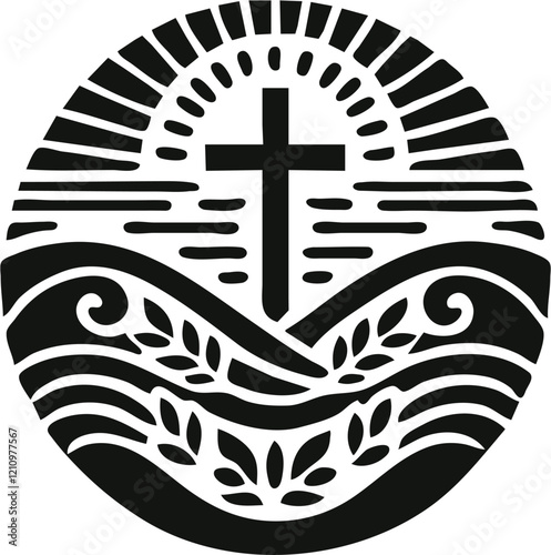 Modern Christian Cross Design: Waves, Sun, and Faith Symbol.  A powerful image representing hope, peace, and spiritual belief. Perfect for religious art, church decor, or inspirational designs.