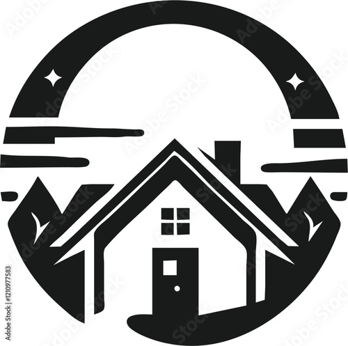 Mountain House Sunset: Peaceful Home Landscape, Real Estate, Cozy Property, Scenic View, Minimalist Design, Black and White Graphic Logo