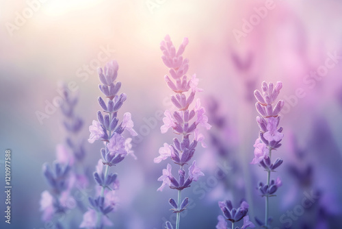 Meadow with wild flowers in the sunny summer day. Soft pastel background