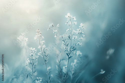 Meadow with wild flowers in the sunny summer day. Soft pastel background