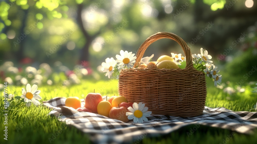 Nature picnic scene with ecommerce shopping basket surrounded by flowers green grass and fresh fruits Nature picnic scene with ecommerce shopping basket surrounded by flowers green grass and fresh fruits