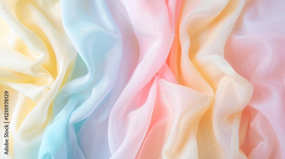 Fototapeta premium Soft and Ethereal Pastel Fabric Drapery with Gentle Waves in Light Shades of Blue, Yellow, Pink, and White for Elegant and Romantic Background Displays