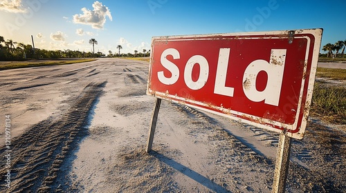 Sold sign, roadside, sunset, vacant lot, real estate