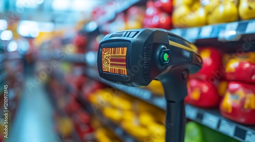 Scanning items for ecommerce shopping basket in retail aisle close-up view technology environment