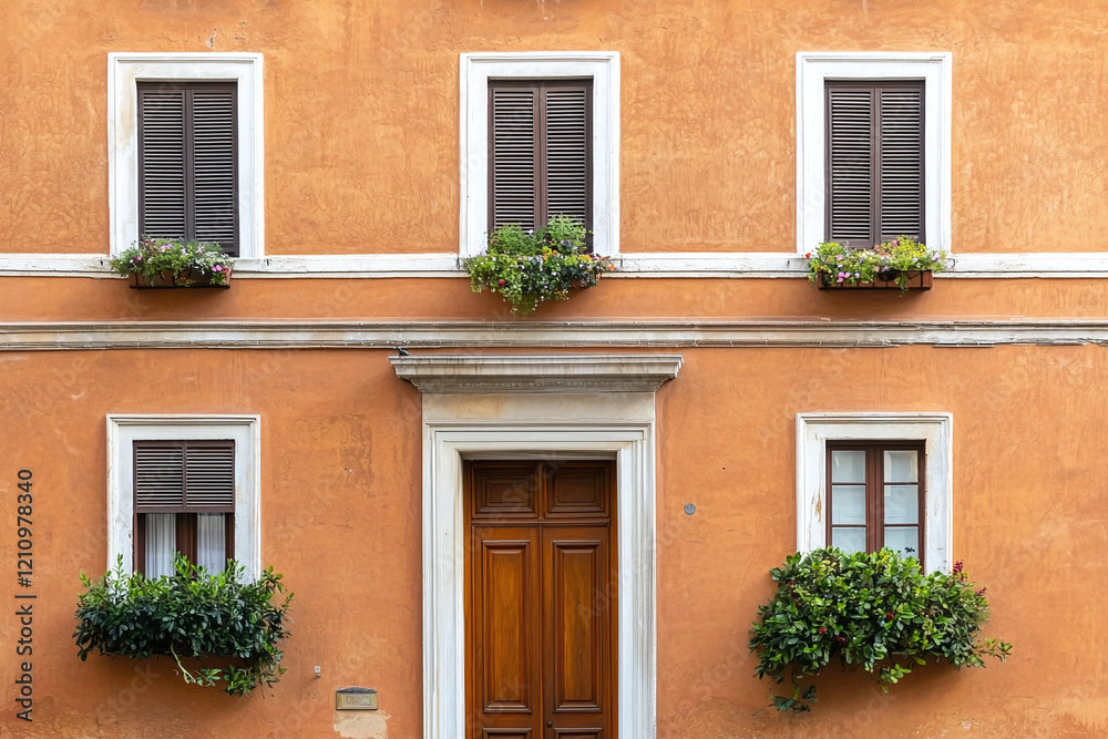 charming historic Italian home featuring classic Roman style architecture, with wooden shutters and vibrant flower boxes adorning windows. warm orange facade adds to its inviting character charming historic Italian home featuring classic Roman style architecture, with wooden shutters and vibrant flower boxes adorning windows. warm orange facade adds to its inviting character