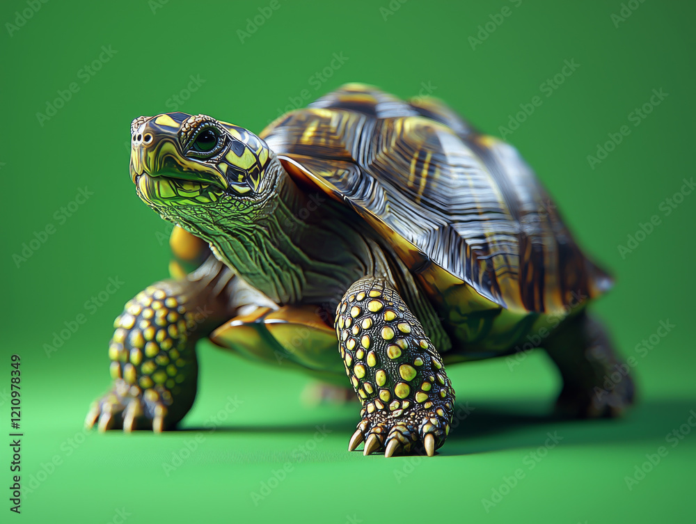 Fototapeta premium A Yellow Footed Tortoise Walks on Green Background