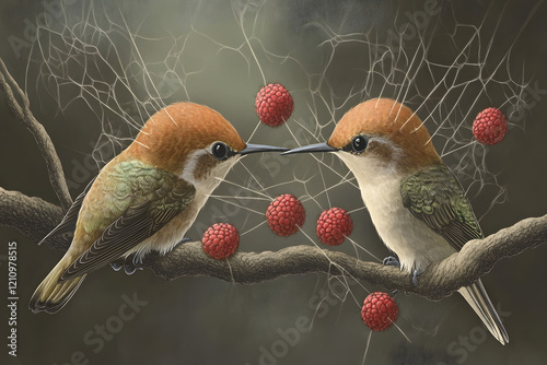 two hummingbirds on a tree branch