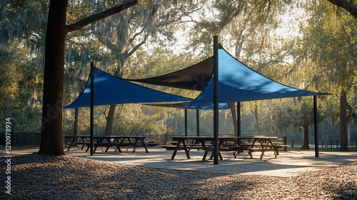 Park picnic shelter shade morning sun trees