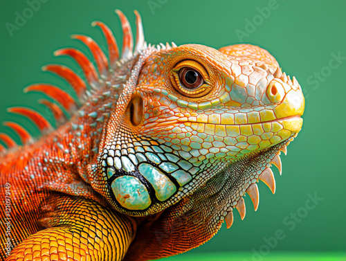 Vivid Orange Iguana Portrait Against Green Background