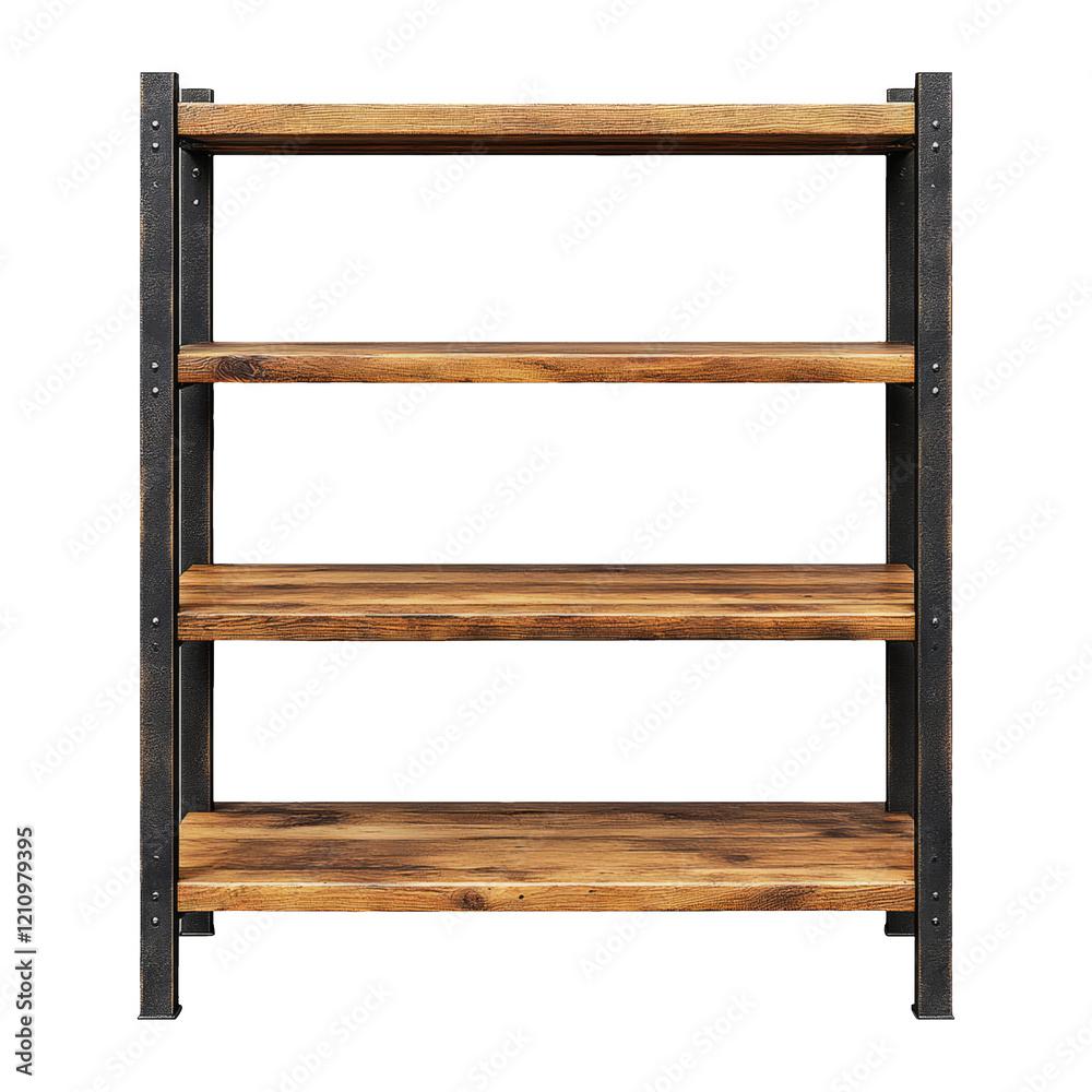 Rustic wooden shelving unit with metal frame isolated on transparent background Rustic wooden shelving unit with metal frame isolated on transparent background
