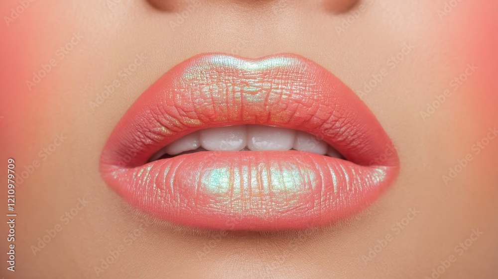 Close-up of a female's lips showcasing a vibrant coral lip color with a shimmering finish, accentuating a fresh and youthful look. Close-up of a female's lips showcasing a vibrant coral lip color with a shimmering finish, accentuating a fresh and youthful look.