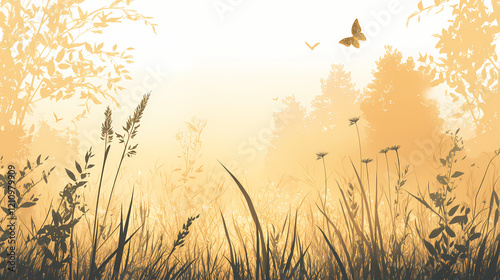 Serene misty morning meadow with tall grasses and wildflowers silhouetted against a soft golden light. perfect for peaceful, calm, and nature-themed designs. Golden Meadow. Illustration photo