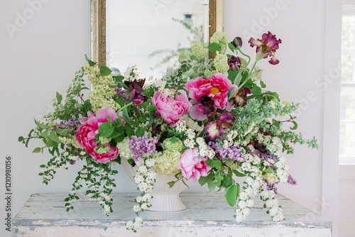 Floral arrangement in white textured compote with pink peonies, irises spirea, tulips, hydrangeas, lilacs on a table in front of a mirror