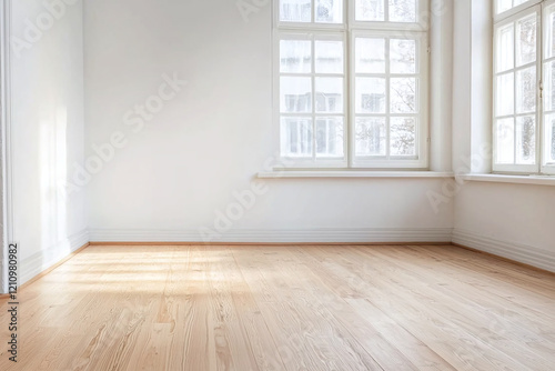 Wallpaper Mural bright, minimalist living space featuring large windows that allow natural light to fill room, highlighting wooden floor and simple design Torontodigital.ca