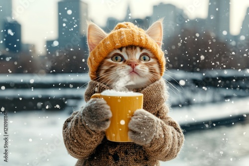 Happy cute baby cat american curl in winter warm clothes, holding hot tea with rising steam in paws. Sidesplitting pets. Pet well-being. Pet winter boots. Pet winter nest. Winter cat tips. photo