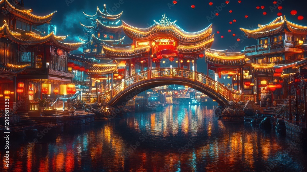 Illuminated Chinese bridge and buildings at night, reflecting in water. Illuminated Chinese bridge and buildings at night, reflecting in water.