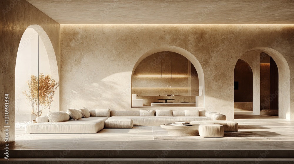 Fototapeta premium Modern minimalist living room with soft lighting, cozy seating, and elegant arches, showcasing tranquility