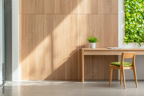 minimalist Japanese study area featuring low wooden desk, green chair, and potted plant against wooden wall. natural light creates serene atmosphere photo