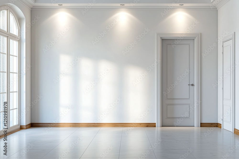 Fototapeta premium bright, minimalist interior room with soft light, featuring white walls, wooden trim, and elegant doors. space is perfect for various design styles