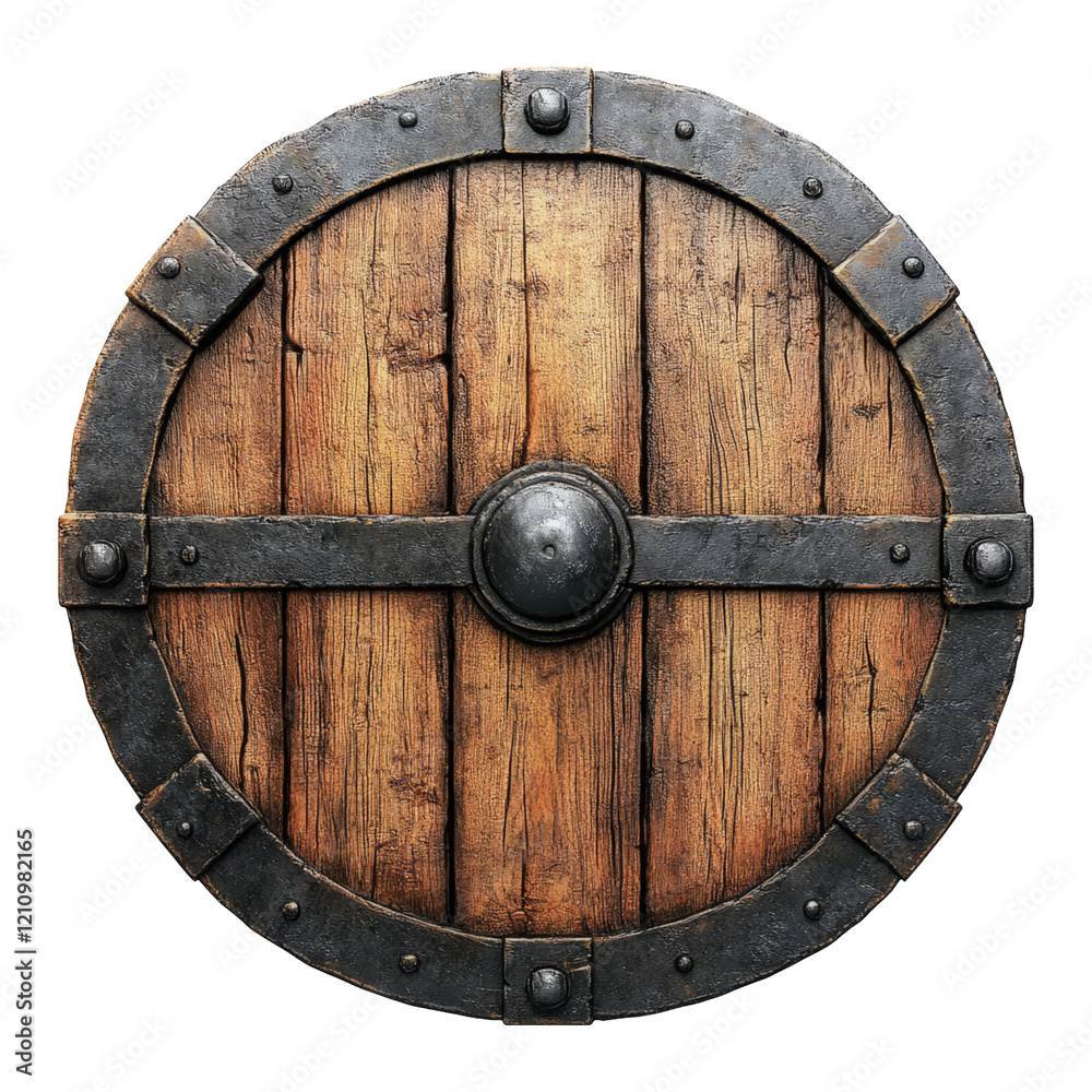 Fototapeta premium Wooden Round Shield with Metal Details on Transparent Background