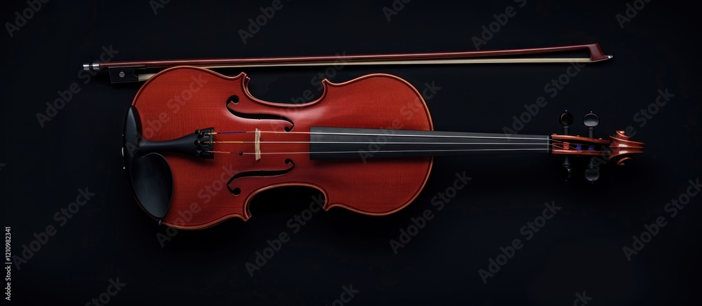 Fototapeta premium Red violin and bow on black background.