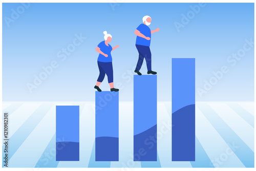  Aging society concept, world population aging because of low birth. Increasing senior elderly people vector illustration

