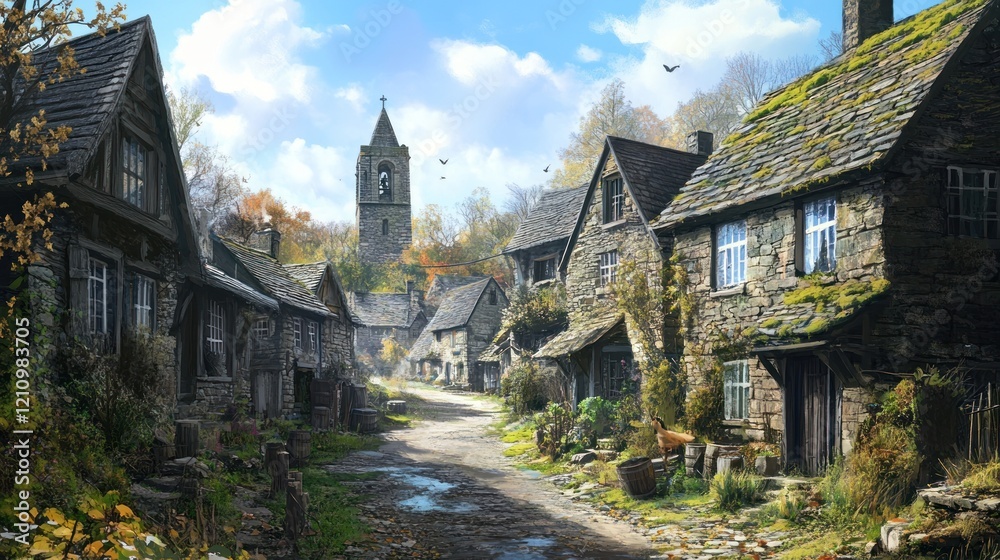 Charming stone village street scene with church tower, autumn foliage, and quaint houses. Charming stone village street scene with church tower, autumn foliage, and quaint houses.