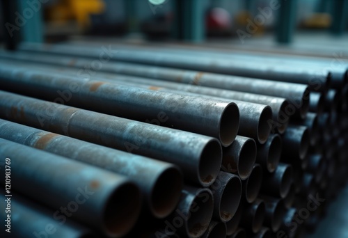 Close up view of stacked steel rounded cylinder bars in factory warehouse. Industrial concept photo ready for business plans product, customer projects industry production. Metal tubes stacked photo