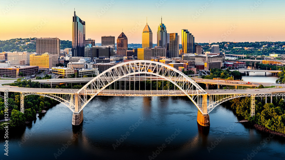Obraz premium Sunset view of Pittsburgh skyline and bridge reflecting on the river