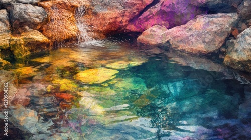 Colorful rocks and cascading water reflecting in a pool. photo