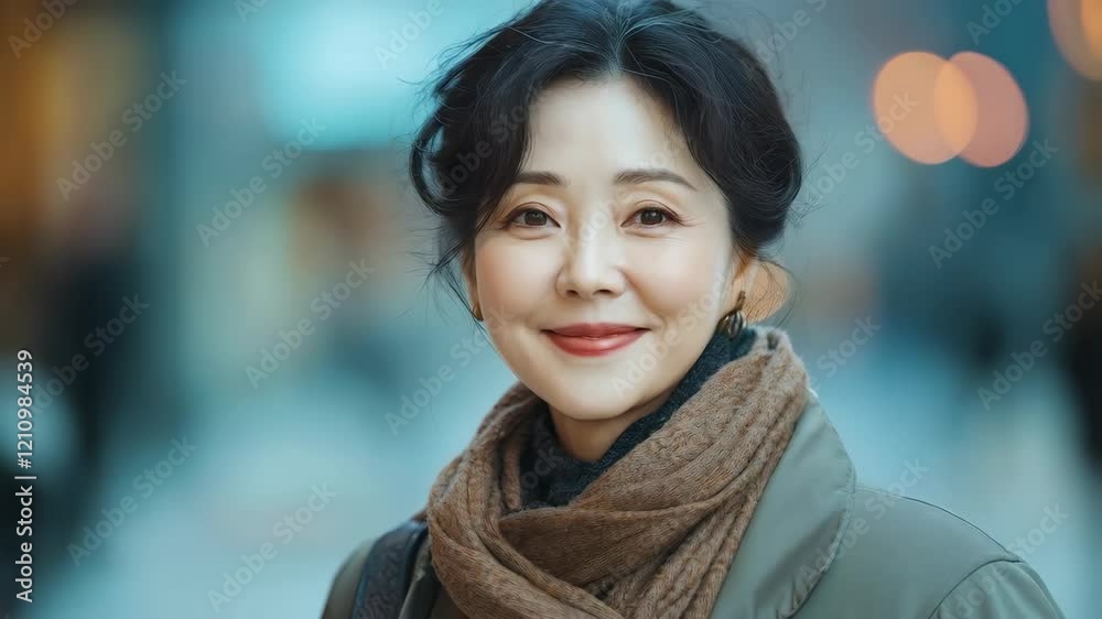 Cheerful woman walking outdoors in urban winter setting with warm scarf and coat Cheerful woman walking outdoors in urban winter setting with warm scarf and coat