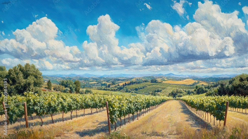 Naklejka premium Sunny vineyard landscape with rolling hills and fluffy clouds.