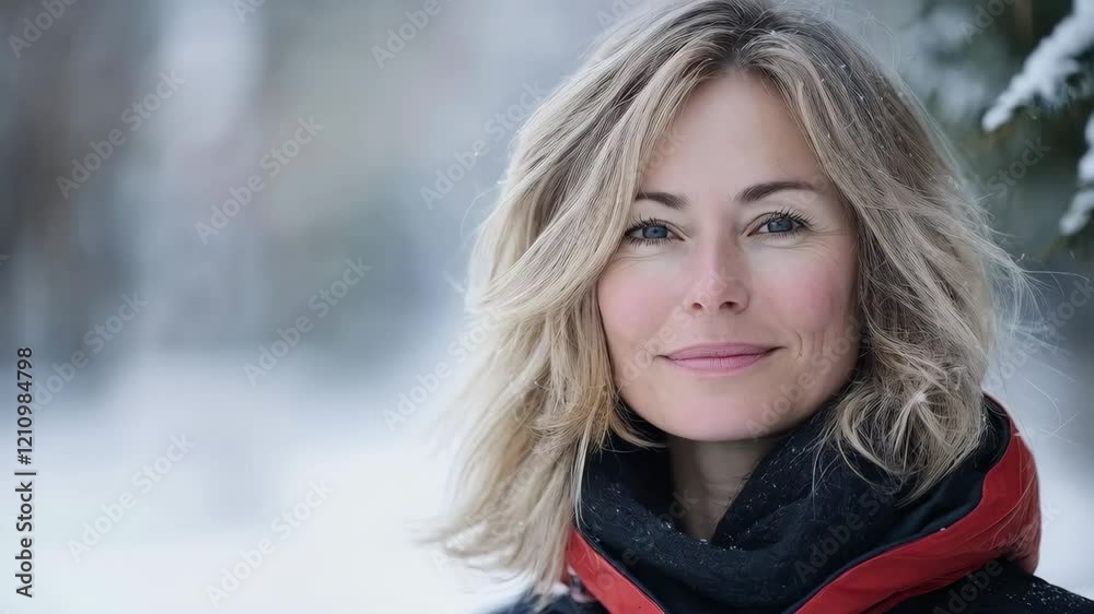 Woman smiling in snowy winter scene with flowing hair and cozy attire Woman smiling in snowy winter scene with flowing hair and cozy attire