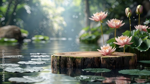 mpty wooden podium floating on the lotus pond with natural green background for product presentation