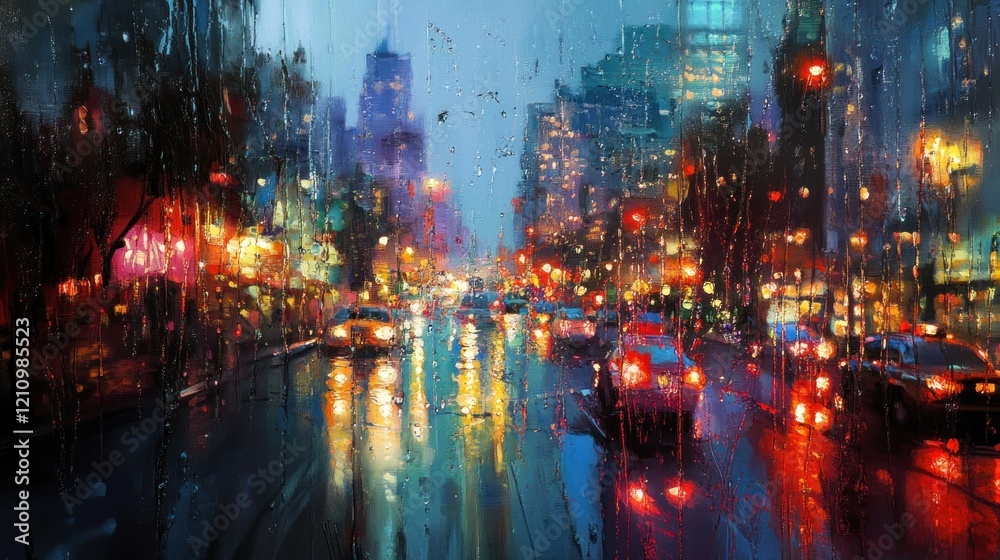 Obraz premium Rainy city night street view through wet window.