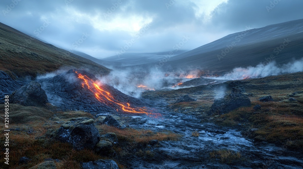 Fototapeta premium Volcanic lava flow at dusk, Iceland landscape. Geothermal energy, dramatic scenery, travel