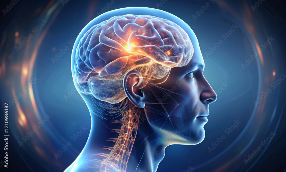 The brain, visible inside the transparent cranium of a human head The brain, visible inside the transparent cranium of a human head