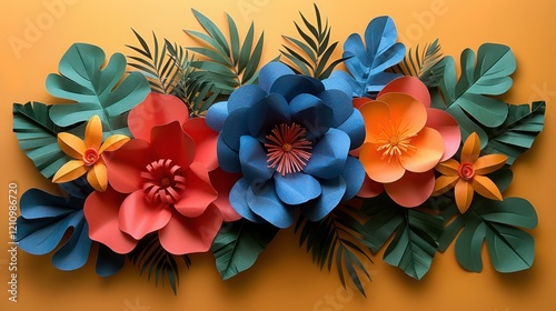 Paper Flower Arrangement With Tropical Leaves on Orange Background