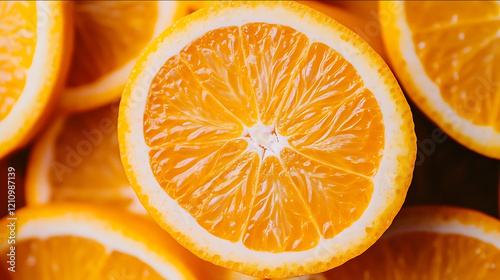 create an ambiguous background featuring oranges to be used as a backdrop for filming We see the cut face of an orange juicy and delicious