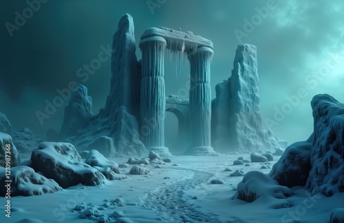 Icy landscape frozen ruins. Towering pillars of ancient structure encased in ice. Snow blankets ground, rocks. Path winds through desolate area. Mysterious, remote location. Adventure, exploration, photo