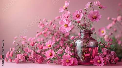 Pink Flowers in Bottle on Pink Background