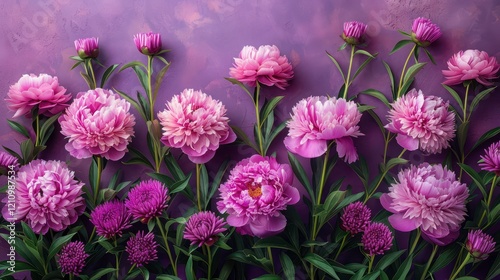Pink Peony Flowers Arranged on Lavender Background