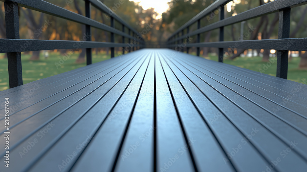 Perspective view of a modern boardwalk path leading through a serene park filled with lush greenery and calm nature Perspective view of a modern boardwalk path leading through a serene park filled with lush greenery and calm nature