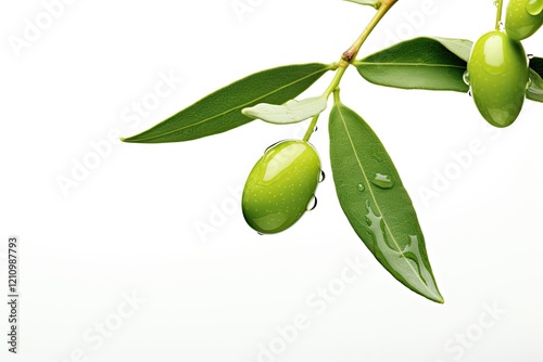 Isolated olive branch with oil dripping green olive