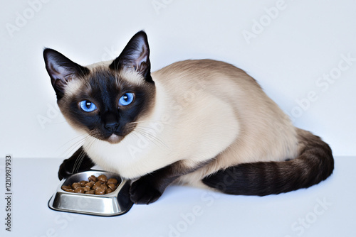 a seal point Siamese cat with blue eyes eating premium food from a silver bowl, set against white backdrop photo