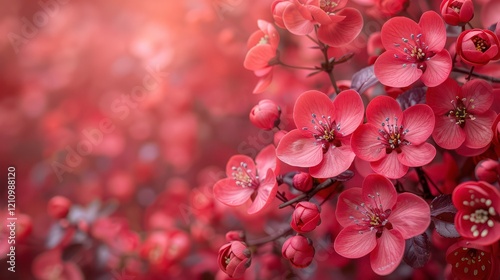 Pink red beautiful spring flower bloom branch background with free copy space for greeting card or environment cover page, template