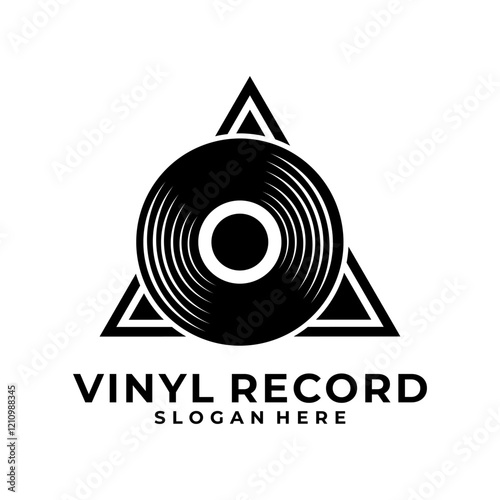 Vinyl record logo design vector. Disc cassette with triangle, vintage logo template