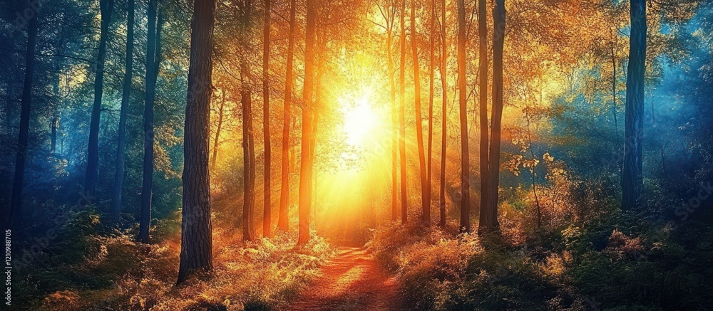 Obraz premium Sunlit path through a mystical forest with contrasting blue and golden light.